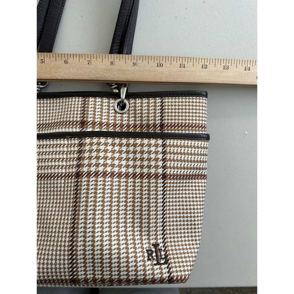 Lauren Ralph Lauren Brown Houndstooth Plaid Tote Bag Leather Trim Shoulder Bag - Picture 14 of 15